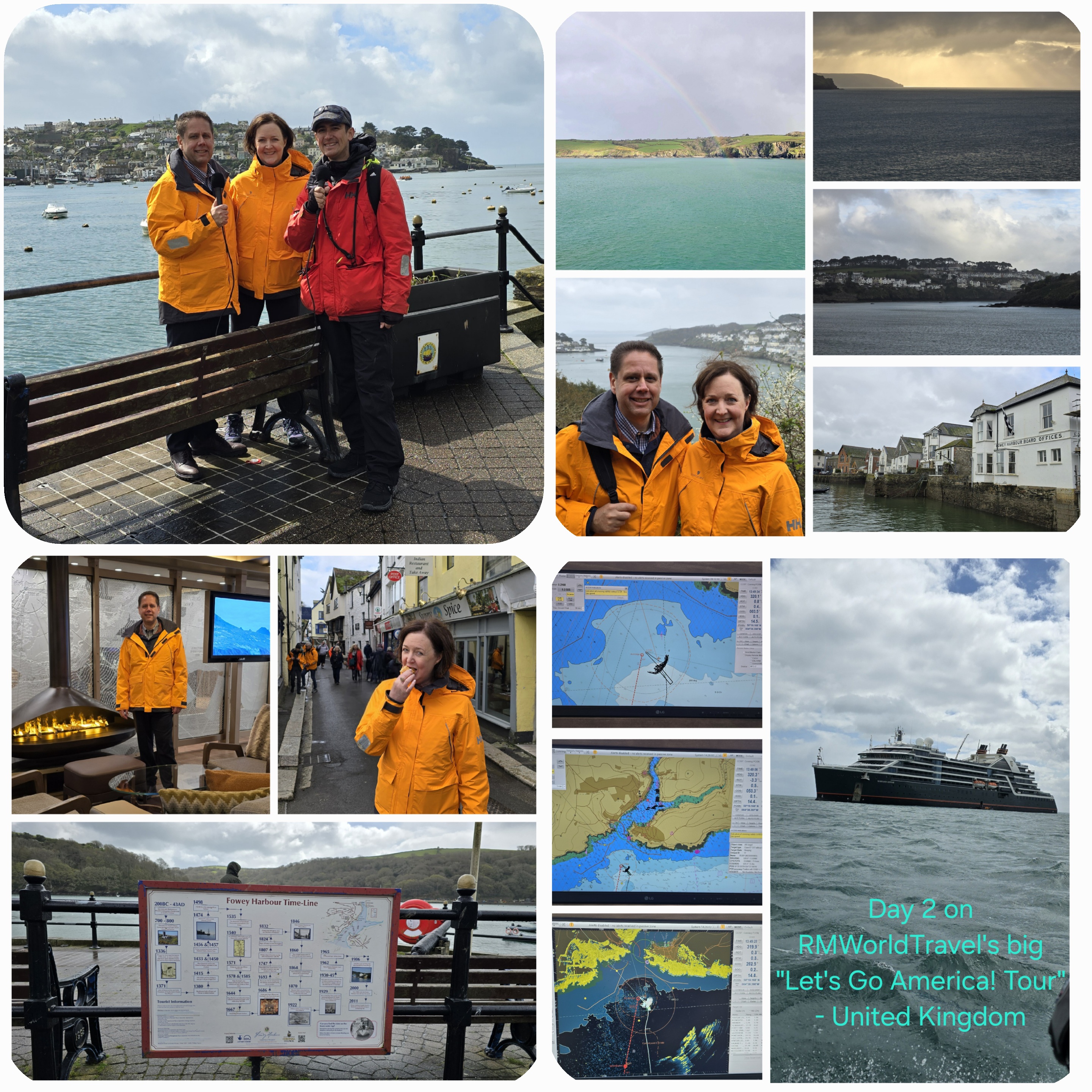 Three tourists in yellow jackets on a harbor promenade with boats, coastal town and sea views in a travel collage