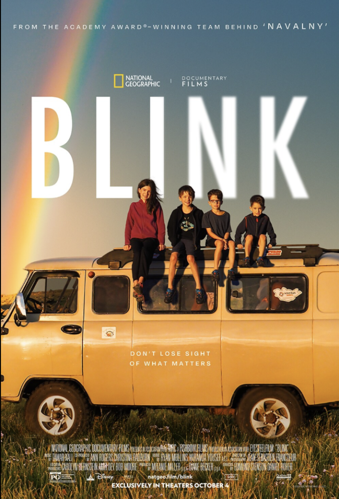 National Geographic documentary poster BLINK — four children on a yellow van under a rainbow, film title in white letters