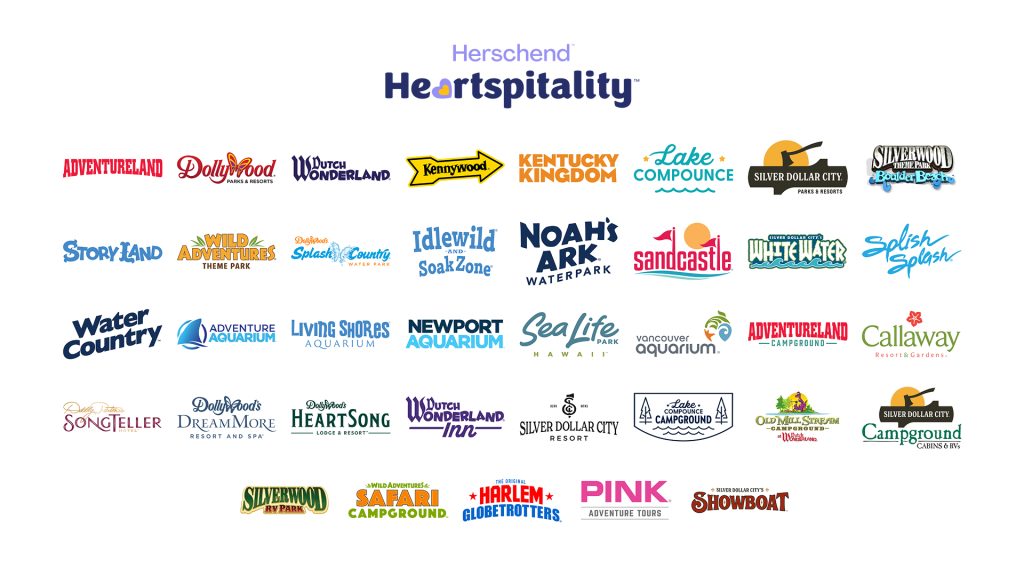 Herschend Heartspitality logo above grid of affiliated theme park, waterpark, aquarium and resort logos