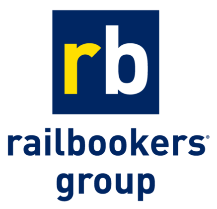 Railbookers Group logo: blue square rb monogram (yellow r, white b) above the railbookers group wordmark