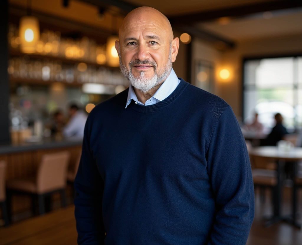 Smiling mature bald man with gray beard wearing navy sweater — professional portrait in warm blurred cafe background.