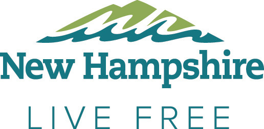 Official New Hampshire tourism logo with green mountains, blue waves and the LIVE FREE tagline.
